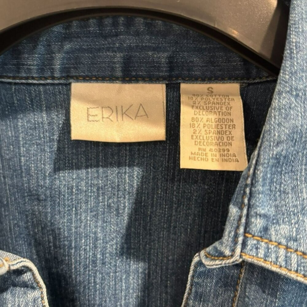 Vintage Erika Floral Denim Shirt Y2K Floral Embroidery Boho Button Up Sz S - Picture 4 of 5